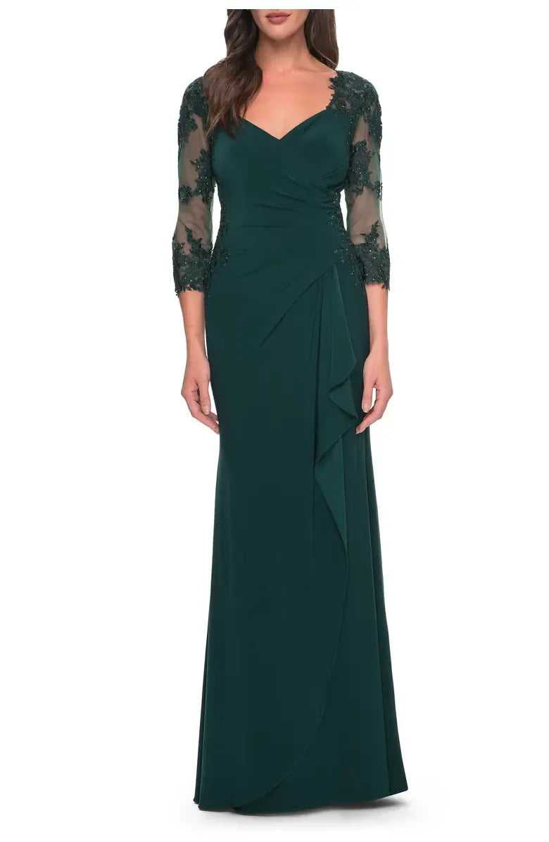 Trendy Fitted V-neck Illusion Sleeves Zipper Up Floor-Length Mother of the Bride Dress
